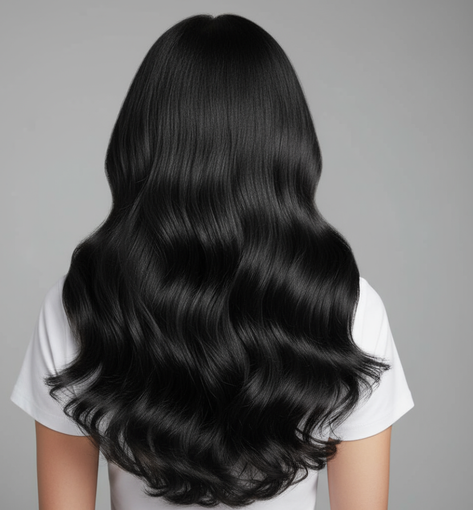 model wearing shade noir hair extensions clip Deepest, darkest Jet Black with cool undertones (#1)