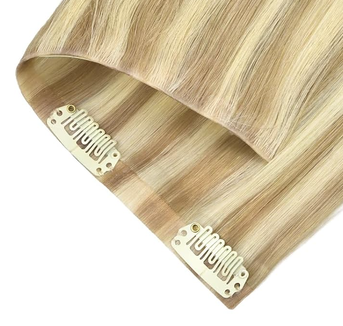 invisible Clip In close up of Malibu, highlighted with Sunset Blonde (#16/22)