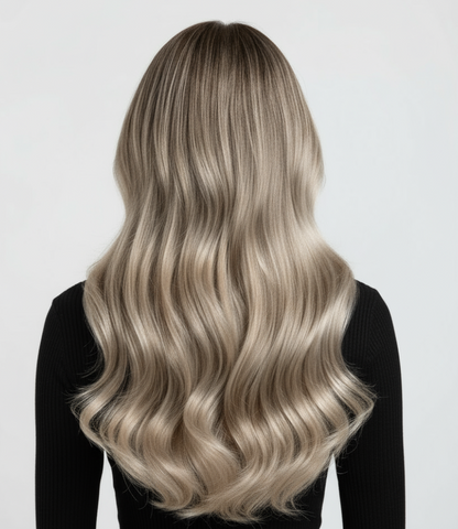 model is wearing Creme de Miel Framed hair extensions ; Honeylit rooted, Vanilla melt (#8/60)