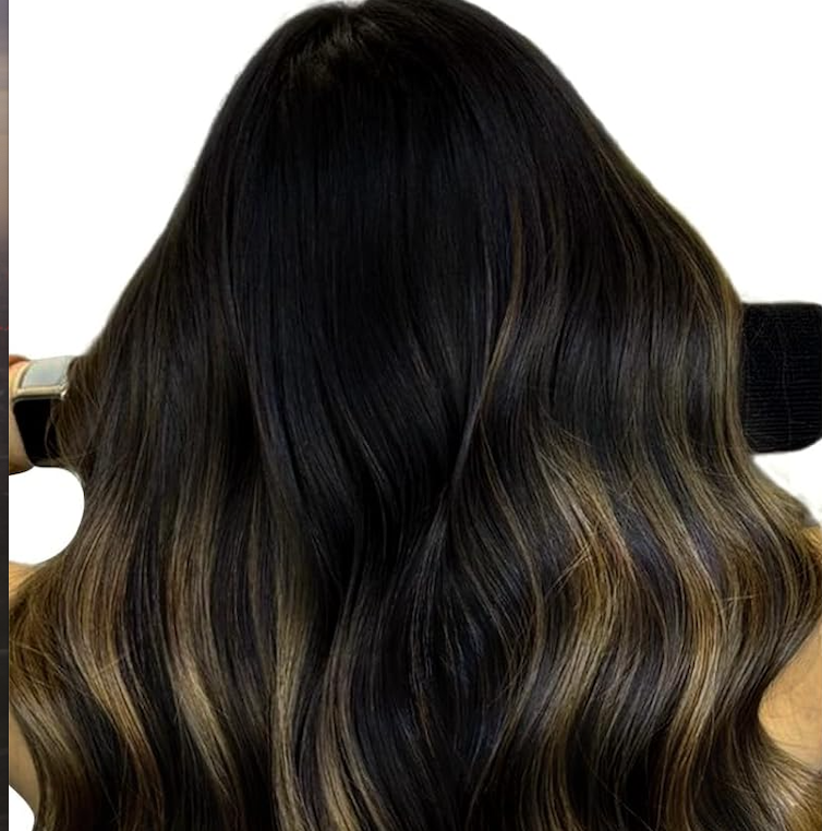 Model wearing Shade Deep Terracotta Rooted and melted with Espresso, highlighted with Dune Bronze (#1B/1B/6)