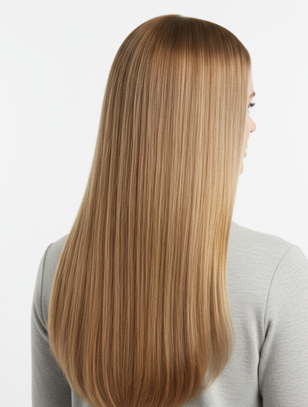 model with Hair extensions weft Dune Bronze colour 6 straight hair 