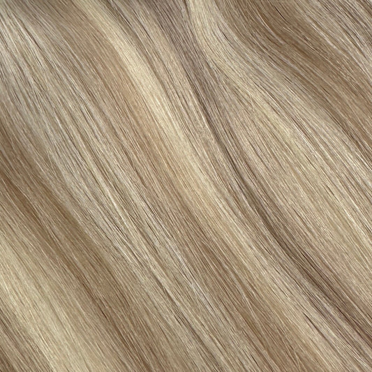Hair extensions clip in Russian Nova Ash Veil, highlighted with Sunset Blonde #14/22