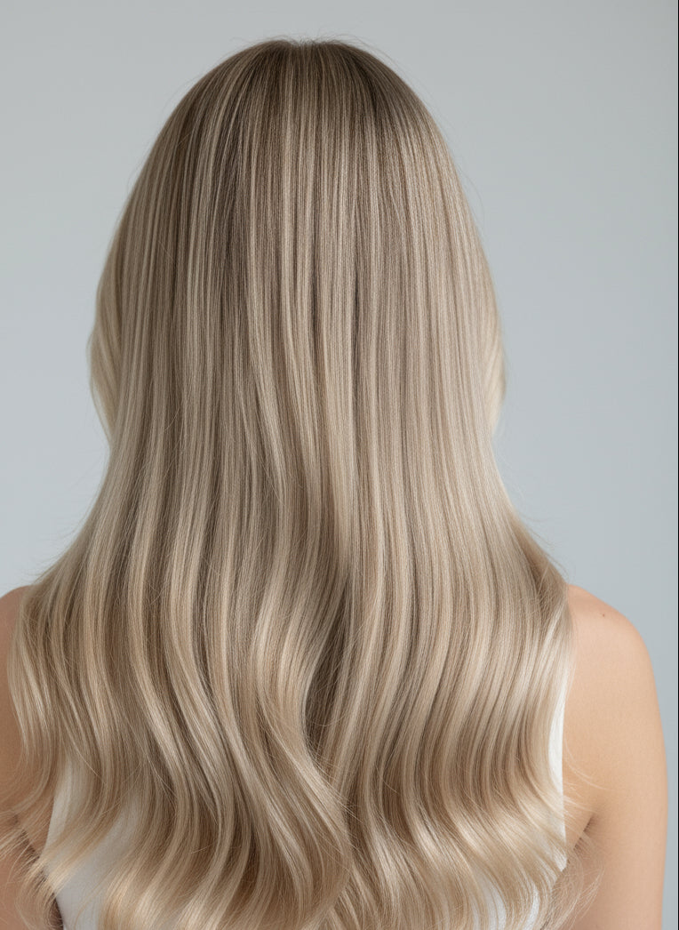 model wearing Russian Nova mix of Ash Veil, highlighted with Sunset Blonde (#14/22)