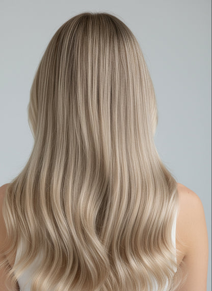 model wearing Russian Nova mix of Ash Veil, highlighted with Sunset Blonde (#14/22)