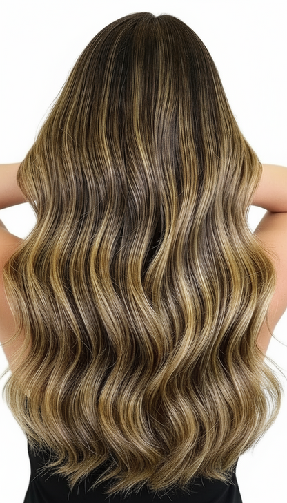 model is wearing Boho Blonde its a Rooted and melted with Toffe, highlighted with Honeylit (#3/8/3)