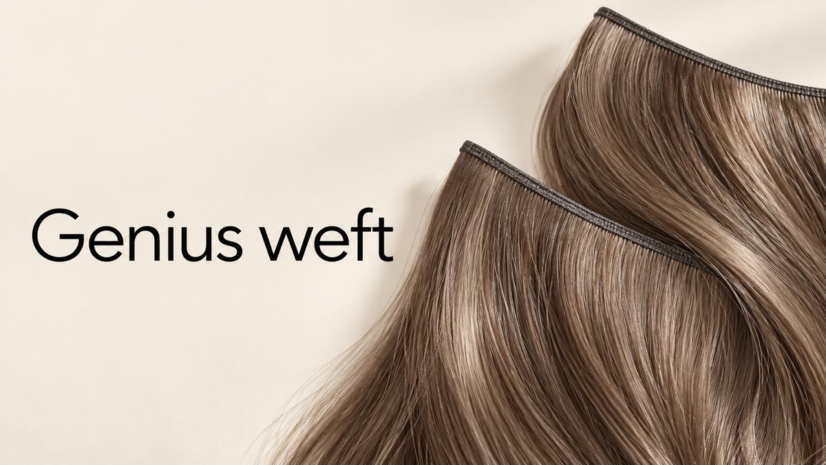 Genius weft — extensions brunes à trame fine sur fond ivoire