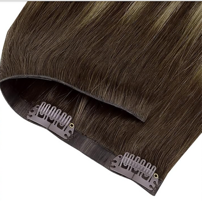 Close up of invisible clip in Dark Caramel Swirl Rooted and melted with Toffe, highlighted with Candle Veil (#3/18/3)