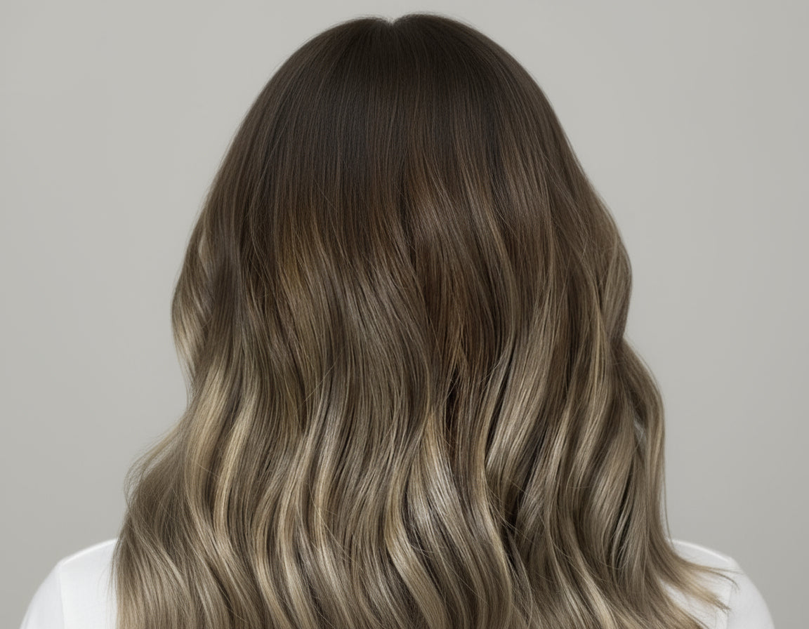 model wearing dark caramel swirl Rooted and melted with Toffe, highlighted with Candle Veil (#3/18/3)