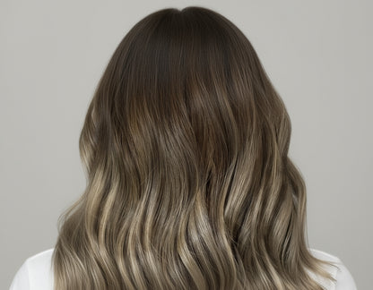 model wearing dark caramel swirl Rooted and melted with Toffe, highlighted with Candle Veil (#3/18/3)