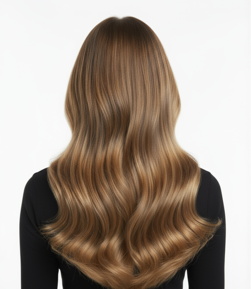 model wearing weft hair extensions Warm brown with soft beige undertone (#4)