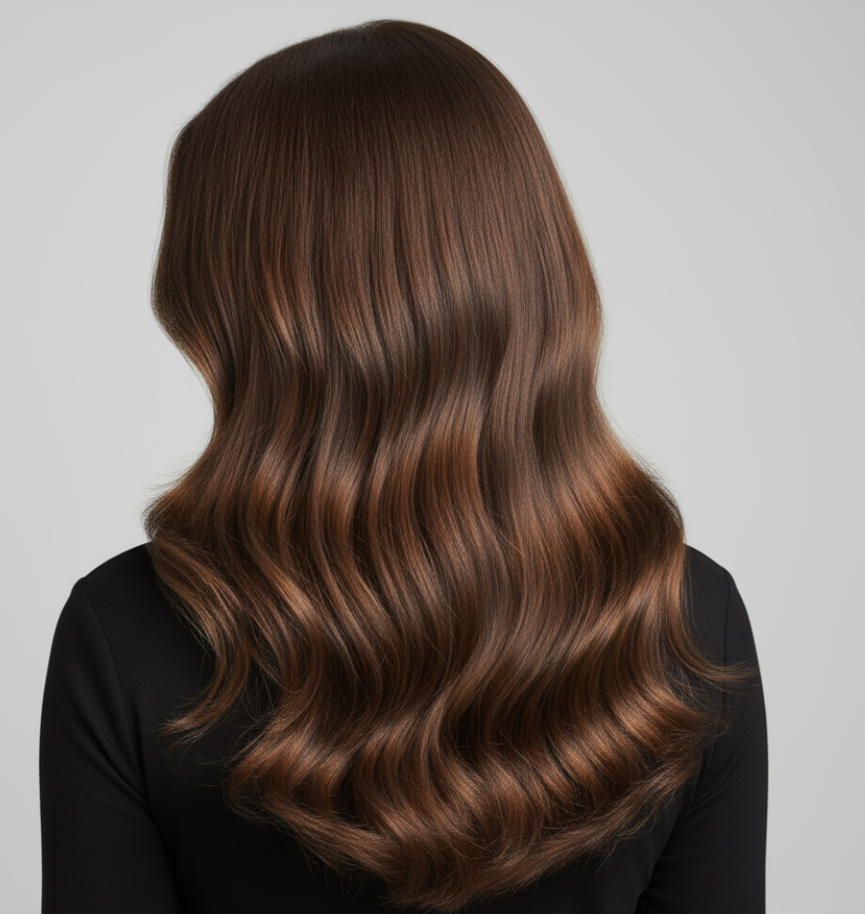 Model wearing Toffee from the back Warm and rich brown with toasted undertone (#3)